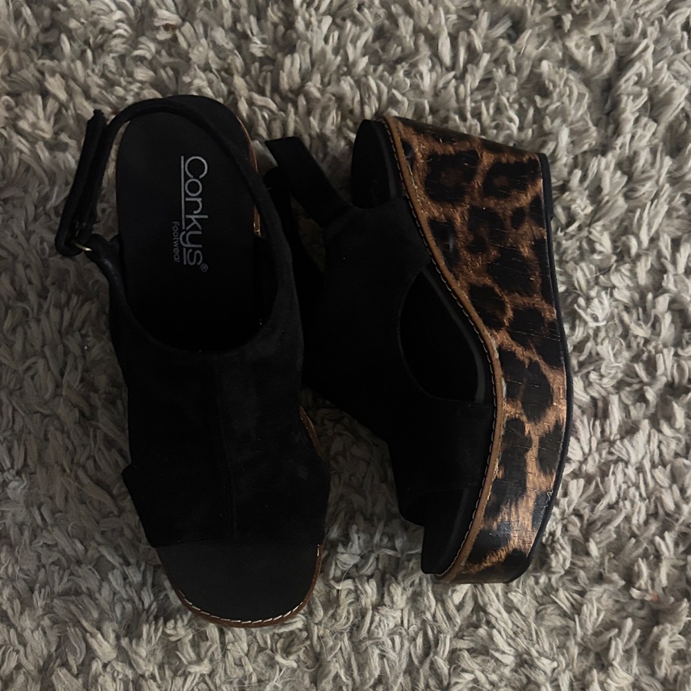 Corkys Black and Leopard Print Platform Sandals